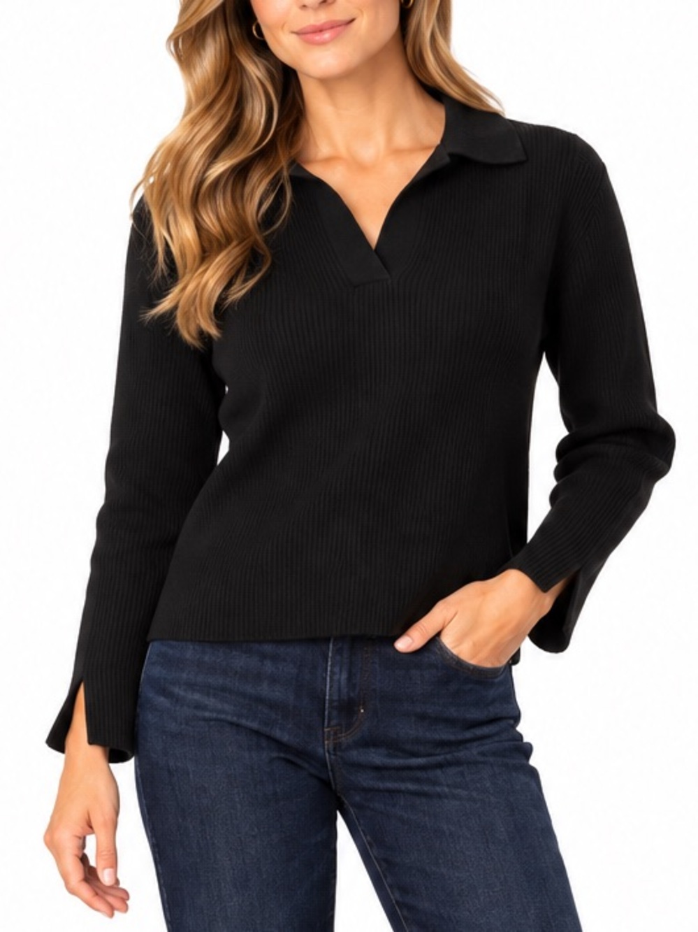 English Factory Black Ribbed Knit Collared V-Neck Sweater Top Size Small